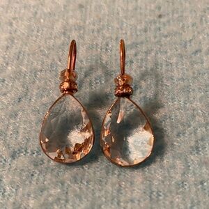 CRYSTAL faceted clear teardrop rose gold dangle drop pierced wire earrings